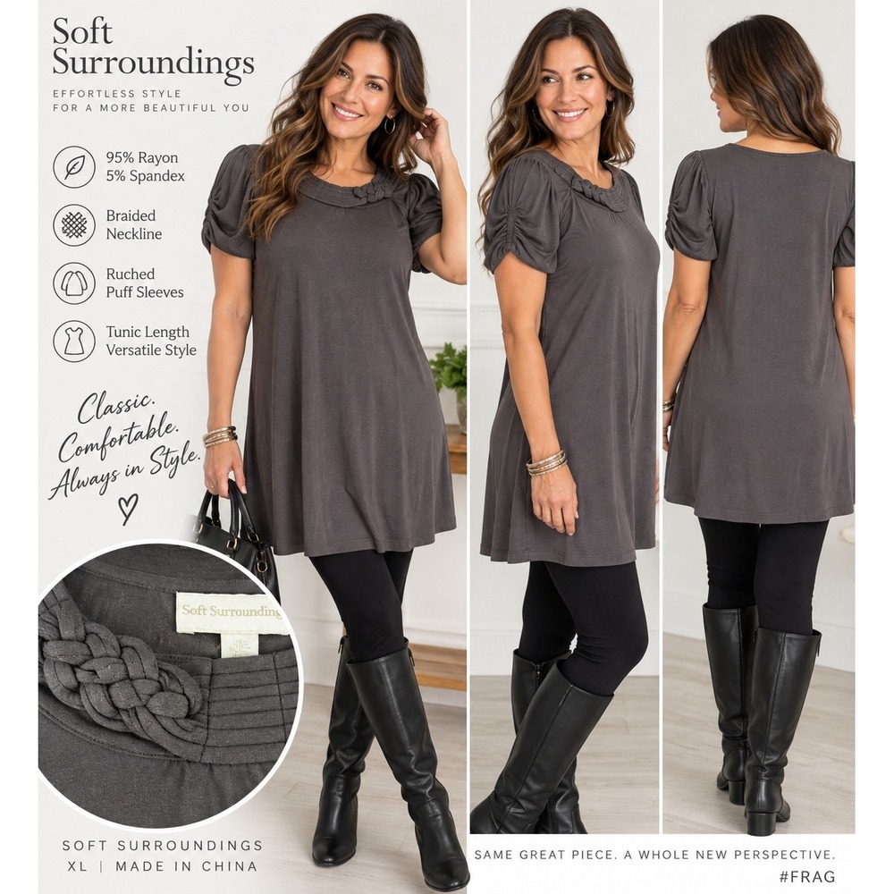 Soft Surroundings Gray Braided Neck Tunic Top XL Short Sleeve Rayon Blend